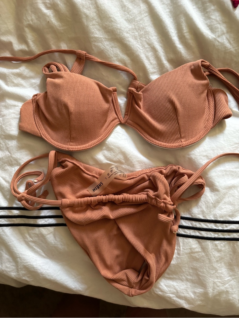 SHEIN Ribbed Tie-Side Bikini in Warm Terracotta